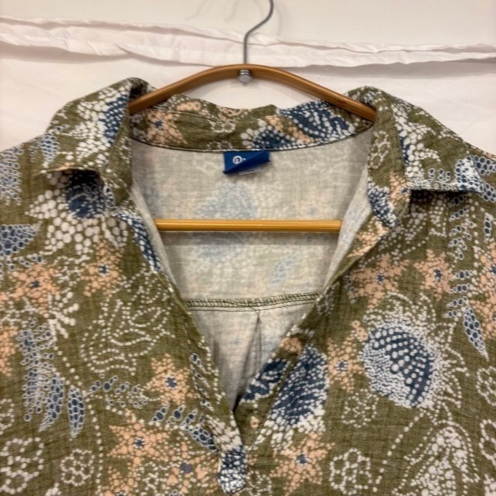 RipSkirt Hawaii Cotton Gauze Floral Batik Midi Shirt Dress Olive Green Large - Picture 3 of 9